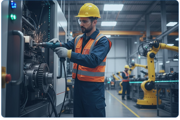 Opérateur utilisant une machine CNC dans un environnement industriel sécurisé